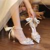 Zapatos Nuevos Estilo 2025 para Mujer con Moño Hueco, Punteras y Boca Baja, con Pedrería, Zapatos de Novia para Boda