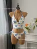 Novo Biquíni Duas Peças com Estampa de Coqueiros e Gola Halter, Calcinha com Tecido Canelado e Amarração Lateral, Roupa de Banho para Férias na Praia