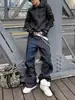 Jeans Lavados Negros Bordados Estilo Americano Cleanfit para Hombres y Mujeres, Pantalones Holgados Rectos Versátiles de Tendencia de Nicho