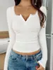 2026 Europeo y Americano Transfronterizo Amazon Nuevo Otoño e Invierno Encaje Botón Cuello en V Moda Delgado Manga Larga Top Ropa de Mujer Sin