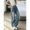 Punto Mayorista Tallas Grandes Retro Rasgados Jeans de Guadaña Mujer Verano Cintura Alta Sueltos Adelgazantes Pierna Ancha Rectos Largos