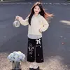 Calça de renda larga e solta da moda para meninas na primavera e no outono, conjunto de duas peças de moletom de manga comprida com visual de duas peças estiloso estilo universitário