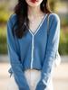 Cardigan de Tricô Gola V Liso de Lã Pura Outono/Inverno 2025 Manga Longa Feminino Combinação de Cores Design Solto e Versátil Top