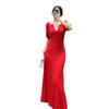 Ropa de Mujer Transfronteriza Primavera y Verano Nuevo Estilo Falda Elegante Francesa con Cuello en V Calado Vestido Tejido Femenino Ajustado Falda Larga