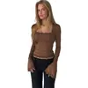 Outono/Inverno 2026 Comércio Exterior Transfronteiriço Top Sexy de Manga Longa com Costela e Renda Moda Valoriza a Silhueta Outono/Inverno Decote U