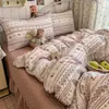Conjunto de 4 peças de lençol e cobre-leito de algodão fofo com borda de concha, estilo Ins, fresco e simples, para camas beliche de dormitório estudantil, conjunto de 3 peças de capa de edredom