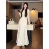 Conjunto de malha com gola redonda e acinturado, estilo coreano, para mulheres, com saia longa plissada, um look completo e estiloso