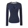 Camiseta Fina de Veludo com Renda e Decote em V Profundo Estilo Desejo Puro Manga Longa 2026 Nova Coleção Início da Primavera Slim-Fit Camisa Base Top para Mulheres