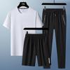 Conjunto de Três Peças Respirável e Amigo da Pele para o Verão, Camiseta Versátil de Gola Redonda, Shorts de Manga Curta, Roupa Esportiva, Calças da Moda 2025 Novo