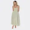 Comercio exterior transfronterizo 2025 primavera y verano nuevo europeo y americano mujer elegante color liso cuello cuadrado sin mangas correa en la cintura vestido mujer