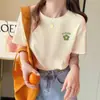 Camiseta de Algodão Puro Damasco de Verão Solta com Meia Manga/Manga Curta para Mulheres 2025 Novo Design Nicho Gola Redonda Top com Flores