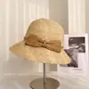Chapéu de Pescador de Ráfia com Borda Desfiada Moda Retrô para Mulheres, Chapéu Balde Simples com Laço Versátil para Primavera e Verão, Chapéu de Palha com Proteção Solar