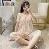 Conjunto de Pijama de Rayón para Mujer de Verano Manga Corta Pantalón Capri Estilo Fresco Pastoral Cuello Redondo Ropa de Casa de Calidad Estilo Clásico