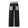 Calça jeans de botão com cós patchwork de estampa de leopardo, novo estilo de outono, perna larga reta americana, cintura alta, solta, casual, longa, moderna