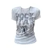 Camiseta Feminina Chic de Manga Curta com Estampa de Letras Estilo Americano, Versátil Top Tendência Novo de Verão Slim Fit