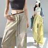 Calça Cargo Streetwear de Cintura Alta Cor Dopamina Nova Verão 2025 para Mulheres, Calça Casual Paratrooper Solta com Cordão, Comprimento no Chão