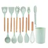 Atacado Utensílios de cozinha de silicone com cabo de madeira 12 peças adequado para uso doméstico antiaderente para cozinhar, resistente a altas temperaturas, colher de silicone para cozinhar