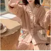 Pijama de Terciopelo Coral para Mujer, Estilo Otoño e Invierno, Engrosado con Forro Polar, Conjunto de Dos Piezas de Manga Larga, Se Puede Usar Afuera, Ropa de Casa Cálida de Franela