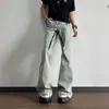 Jeans estilo americano, de calle, lavados y desgastados vintage, unisex, con detalles de grietas de rayo, corte holgado, ligeramente acampanados y diseño de pierna ancha larga.