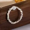 Anillo de Perlas Plateadas Brillantes con Hilo Elástico de Cuentas, Estilo Coreano de Moda Diario Simple Hecho a Mano Moda para Niñas