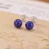 Brincos Yiluyin em Prata Esterlina S925 com Pedra Lápis Lazúli Redonda, Simples e Elegantes, Estilo Feminino Personalizado, Versátil para o Dia a Dia, Joia de Orelha Prateada
