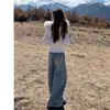 Jeans Azul Claro de Cintura Alta Wide Leg Estilo Americano para Mulheres, Tendência Outono e Inverno Novos Calças Retas Soltas Bordadas de Comprimento Total Curvas