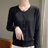 2026 Summer New Style 100% Fine Wool Round Neck Knit Cardigan Long Sleeve Women's Solid Color Loose Versatile Top