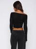 Top Feminino 2025 Estilo Europeu e Americano Cor Sólida Ombro a Ombro Manga Longa Slim Fit Cropped Malha Transparente Estilo Curto