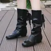 Comercio Exterior Otoño e Invierno Nuevas Botas de Tacón Bajo hasta Media Pantorrilla con Cordones Traseros Botas de Caballero Europeas y Americanas de Tacón Grueso y Punta Redonda Talla Grande Venta al por Mayor