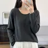 Suéter de Algodão 100% com Caimento Relaxado, Tricô de Manga Longa com Gola Redonda para Mulheres, Pulôver Slimming Estilo Preguiçoso de Outono