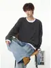 Sudadera con capucha Henley de dos piezas falsas, bloques de color a rayas para hombre, otoño, holgada, estilo retro universitario, marca moderna, camiseta casual de manga larga