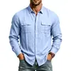 26 Camisa de Lino para Hombre de Manga Larga Casual con Múltiples Bolsillos y Cuello de Solapa, Sitio Independiente de Comercio Exterior Transfronterizo, Primavera y Otoño