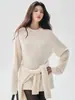 Suéter de cachemira de estilo perezoso con cuello semi-alto para mujer, color liso, longitud media, corte holgado, suéter de punto de manga larga, suéter de lana simple