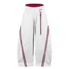 Pantalones casuales de estilo americano, a rayas, con bloques de color, interior rojo, dobladillo curvo de doble capa, unisex, elegantes, holgados, de pierna ancha casual