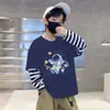 Camiseta de Manga Larga a Rayas con Cuello Redondo de Moda Estilo Coreano para Niños, Ropa de Primavera y Otoño, Niños Estampado de Dibujos Animados Capa Base Algodón Puro Fina