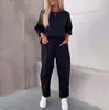 Ropa de mujer de otoño transfronteriza europea y americana 2024, Amazon, traje holgado informal de dos piezas de color sólido con cuello redondo para mujer