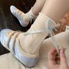 Calcetines Joyería Azules y Blancos para Mujer, Calcetines Lolita de Media Pantorrilla con Lazo, Calcetines Japoneses Rizados, Calcetines Dulces de Encaje