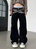 Jeans patchwork retrô americano de cintura dupla com design de letras e fendas para homens e mulheres, calças retas largas casuais soltas
