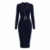 Vestido bodycon de tricô sexy com decote V para mulheres, caimento justo Vestido bodycon canelado com cinto
