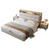 Cama Moderna Minimalista de Couro para Quarto Principal, Camas de Casal Duplas com Armazenamento de 1,8m com Luzes e Cabeceira Alta com Armazenamento, Cama de Casamento Estofada Macia