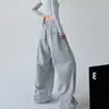 Calça Jogger Cinza Estilo Americano para Mulheres, Nova Coleção Primavera e Outono 2025, Cintura Alta, Corte Reto Solto, Casual, Calça de Pierna Larga para Trabalho