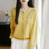 Cárdigan de Punto Fino de Lana para Mujer Otoño Temprano 2026, Cuello Redondo, Borla, Botón de Corazón con Pedrería, Abrigo Suéter Holgado
