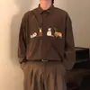 Exportación Transfronteriza Camisas de Pana Estilo Retro Americano Bordadas con Gatos de Manga Larga para Hombres y Mujeres en Primavera, Otoño e Invierno Camisas Casuales Holgadas