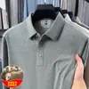 Camisa polo de manga comprida dupla face em lã escovada e seda de amoreira para homens, nova peça básica casual de outono 2026 camiseta masculina