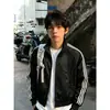 Jaqueta desconstruída listrada estilo americano azul marinho, look de outono masculino, gola alta, jaqueta bomber, curta, jaqueta de beisebol high-street