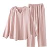 2025 Nuevo Estilo Simple de Color Puro Algodón Puro Gasa de Doble Capa Pijama para Mujer Primavera, Verano y Otoño Delgado de Manga Larga Traje de Casa