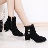 [Quente forrado com lã] botas de tornozelo de camurça salto grosso botas femininas 2023 novo tudo combina zíper lateral forrado com lã botas de tornozelo salto médio mulheres