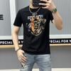Estação Europeia 2024 Verão Nova Marca da Moda Indústria Pesada Leopardo Strass Quente Moda Slim-fit Algodão Seda Manga Curta Camiseta Masculina Tendência