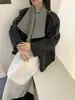 Abrigo de lana de doble cara, dos tonos, color contrastante, solapa, adorno en el hombro, reversible, corto para mujer, corte holgado, versátil, abrigo multicolor
