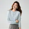 Cardigã de malha de cashmere com nervuras verticais para mulheres, de manga comprida, gola redonda, caimento justo, leve, top base elegante